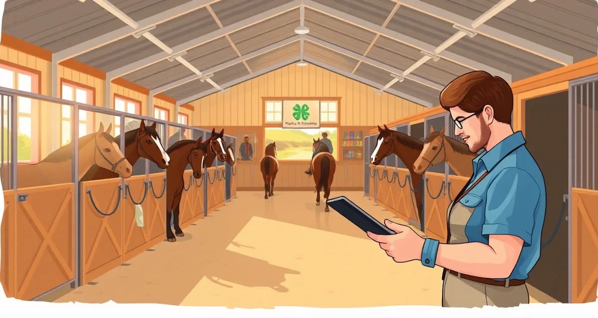 4-H equine barn owner using communication software on tablet to manage youth programs and stable operations efficiently