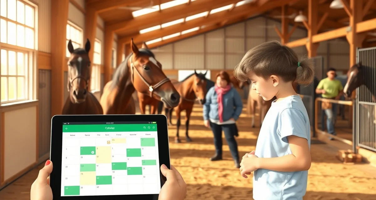 4-H equine barn scheduling software interface helping managers coordinate youth participants and horse assignments in organized stable facility.