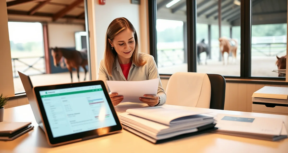 4-H horse barn owner organizing billing communication and updates using structured management templates and software tools.