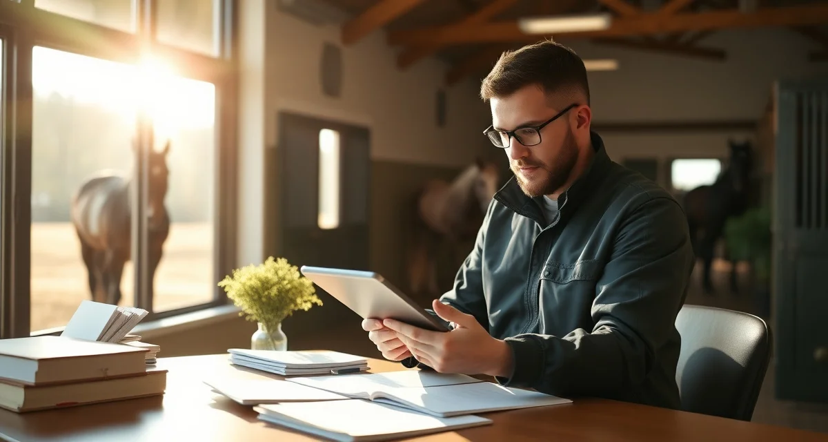 4-H horse barn manager reviewing incident reports using specialized barn management software on tablet in stable office