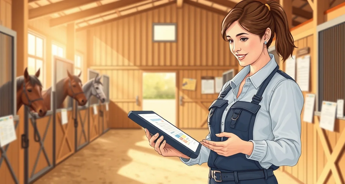 4-H horse barn manager reviewing digital vet records and health documentation on tablet device in organized stable facility