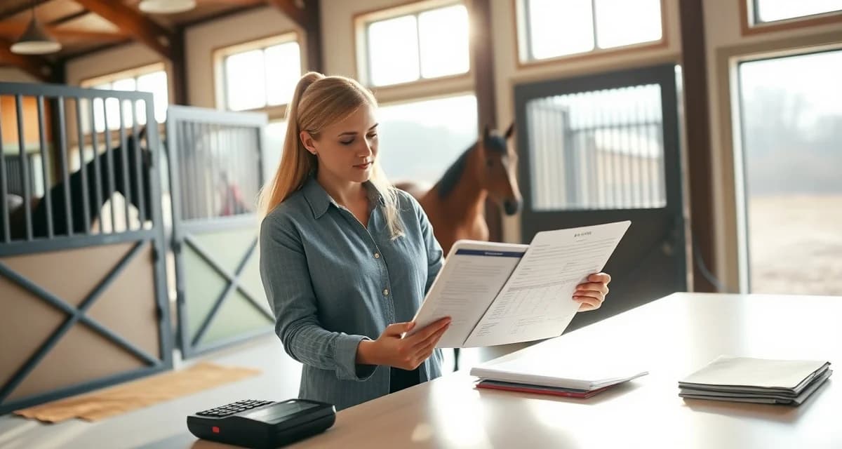 Barn manager organizing 4H horse program billing and fee tracking documents for equine project management