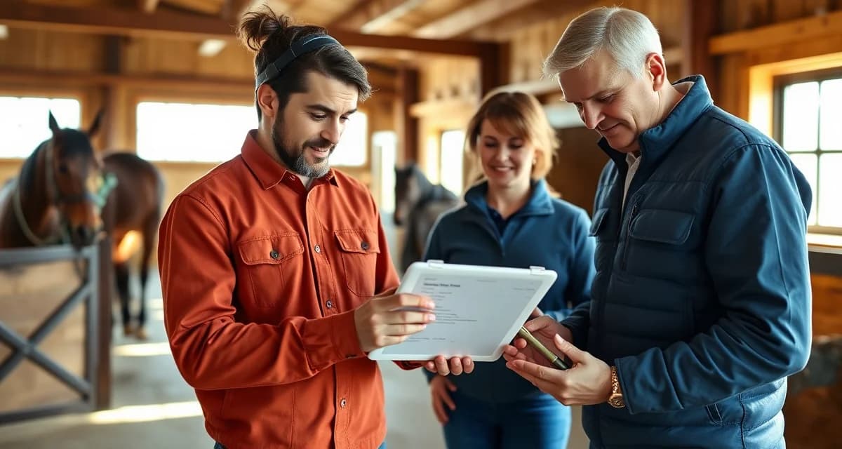 4-H horse trainer and barn owner reviewing training progress updates on barn management software in stable office setting
