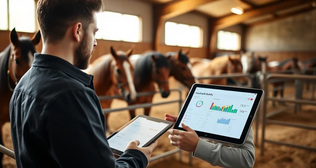 Barn manager monitoring AI-powered horse health anomaly detection dashboard on tablet in stable with horses visible in background