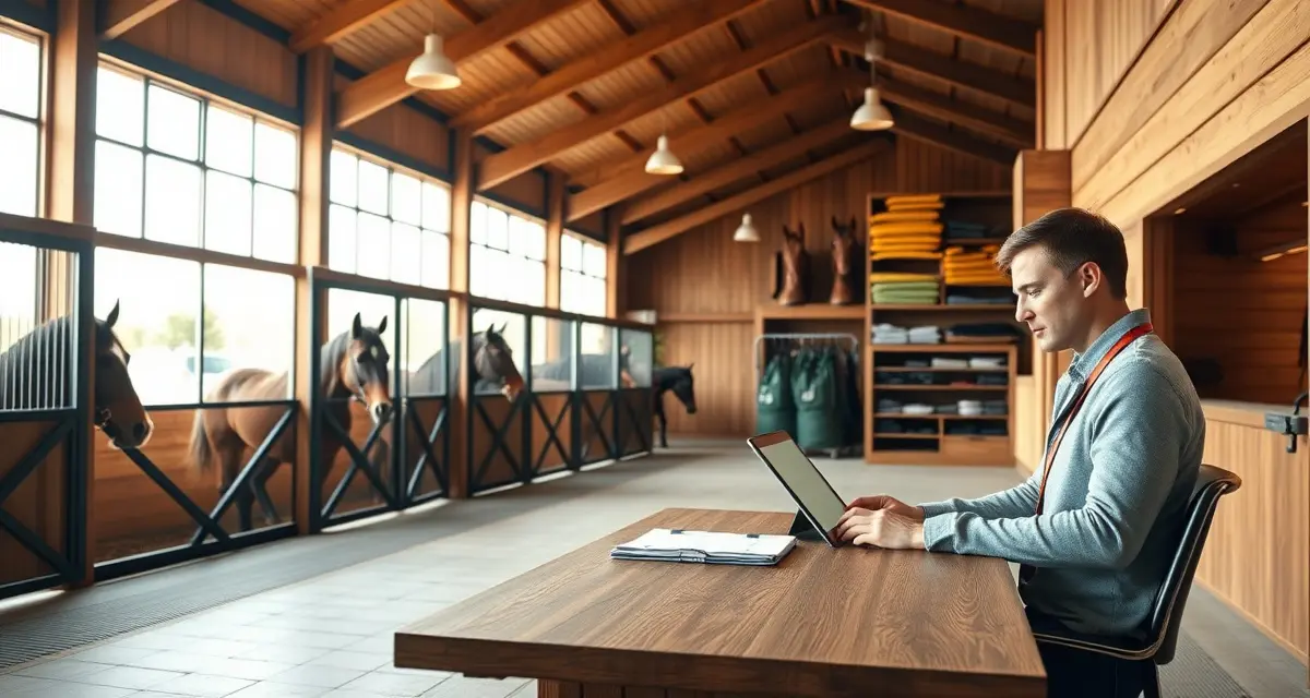 Modern horse barn interior showing organized stalls and barn manager using tablet for equestrian facility management in Alabama