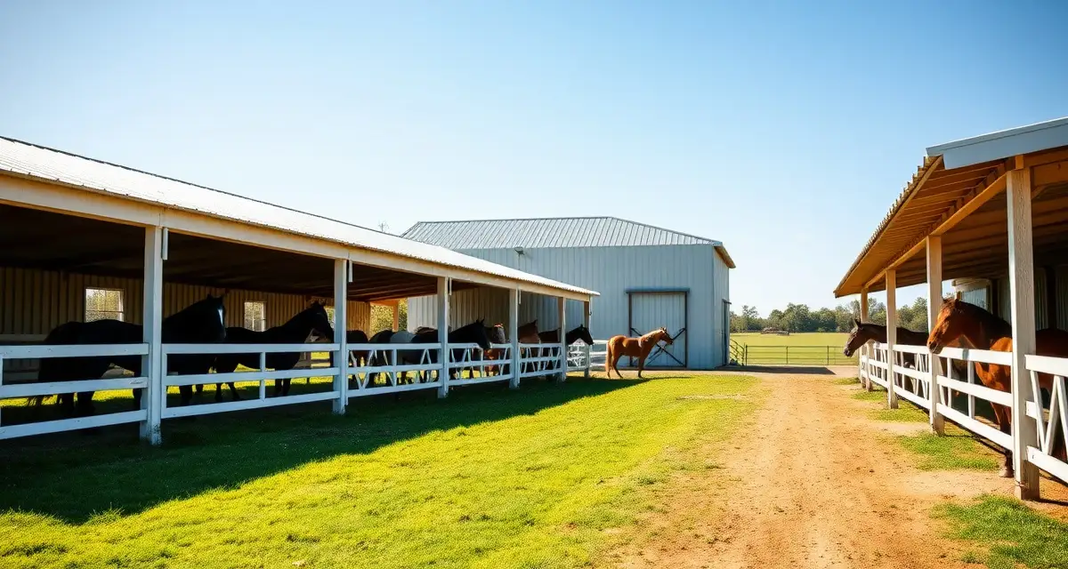Modern horse boarding barn in Alabama with paddocks, horses, and white fencing demonstrating quality equine care facilities