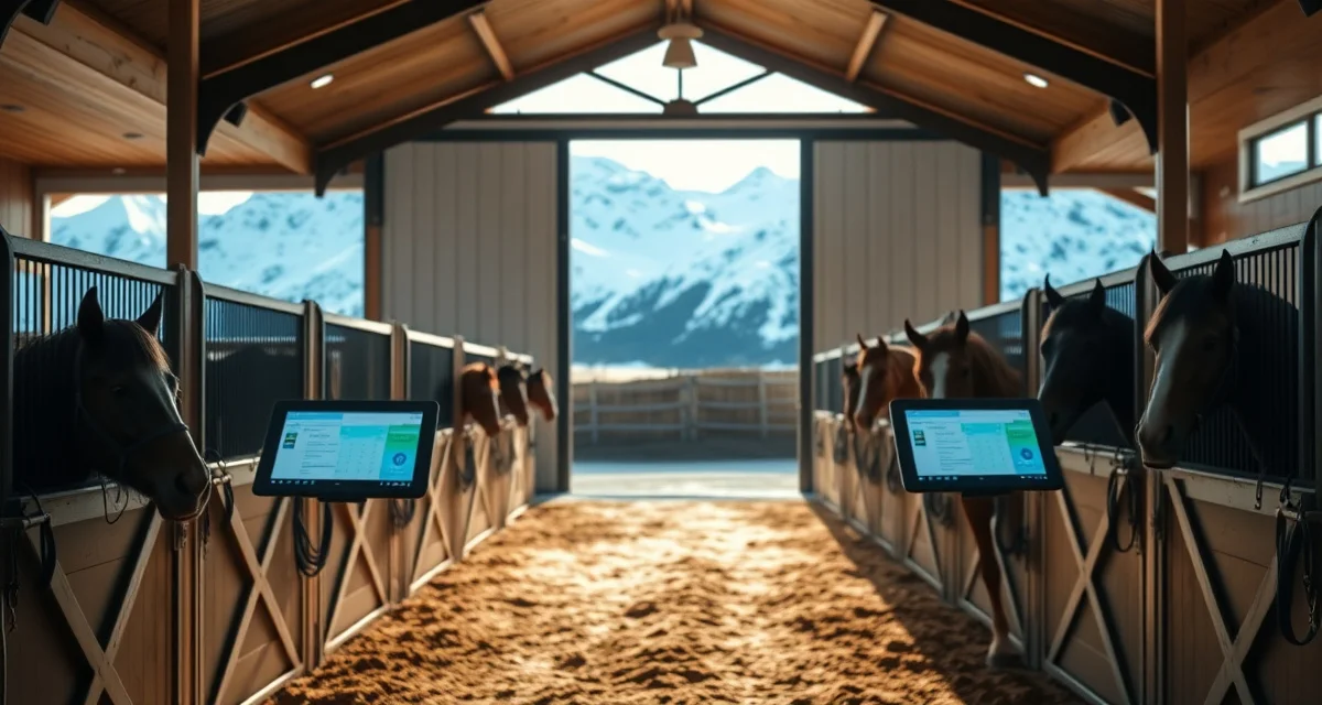 Modern horse barn management software interface displayed on tablet in Alaska equine facility with organized stalls and snowy landscape