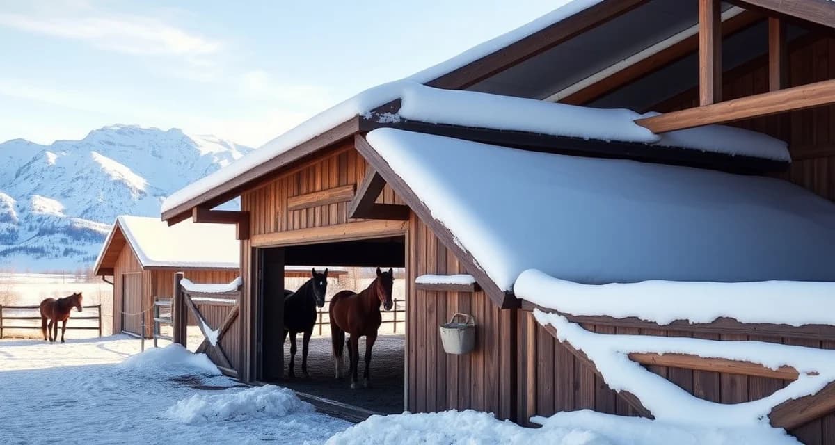 Horse barn in snowy Alaska showing winter management infrastructure and cold climate stable facilities for equine operations.