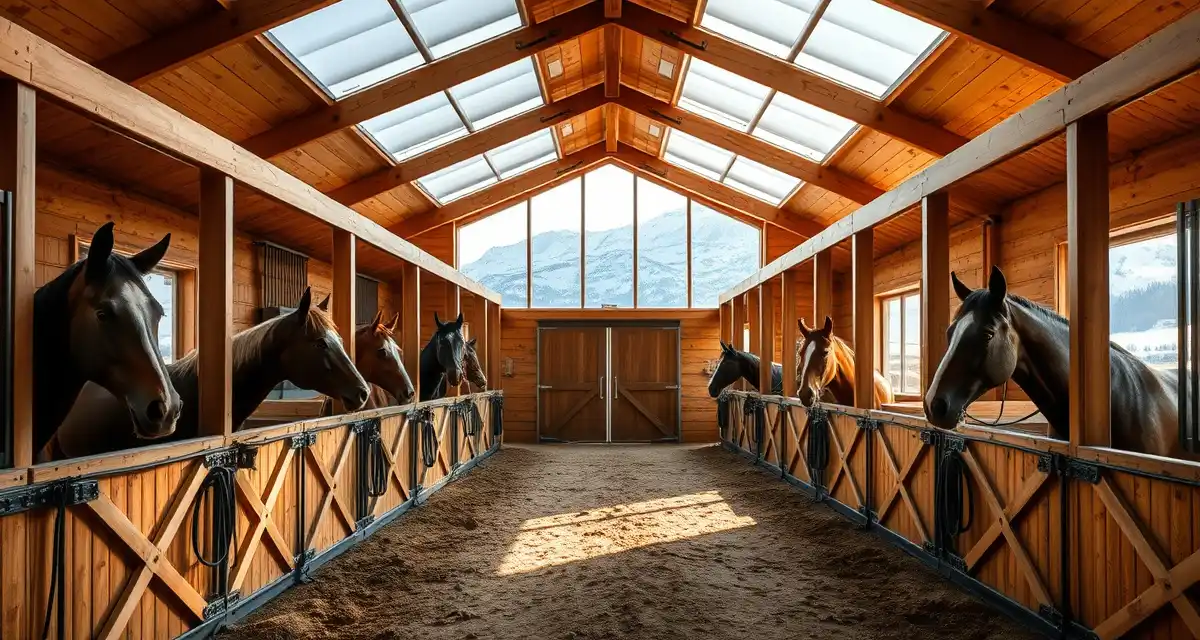 Modern horse barn facility in Alaska with organized stalls, professional management systems, and mountain views showcasing successful boarding business operations
