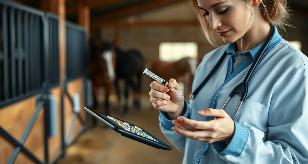 Horse barn manager documenting antibiotic medication tracking in digital system with proper dosage records and withdrawal period guidelines