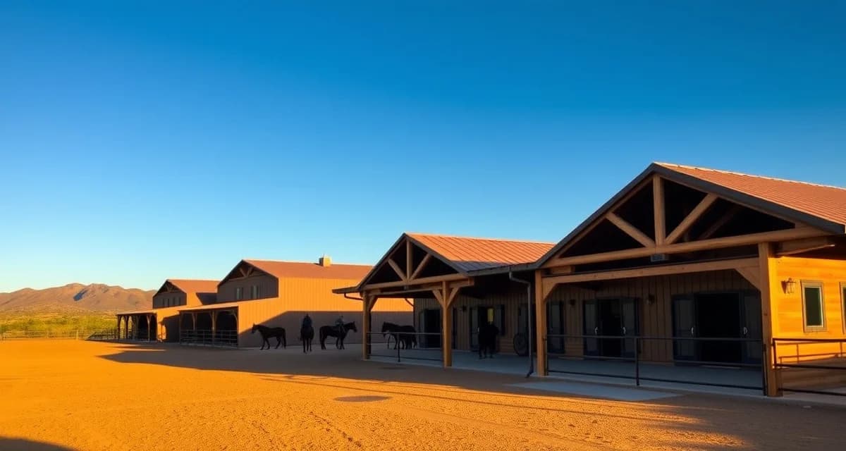 Modern Arizona equestrian barn facility with horses in paddocks and desert landscape showcasing professional barn management software needs