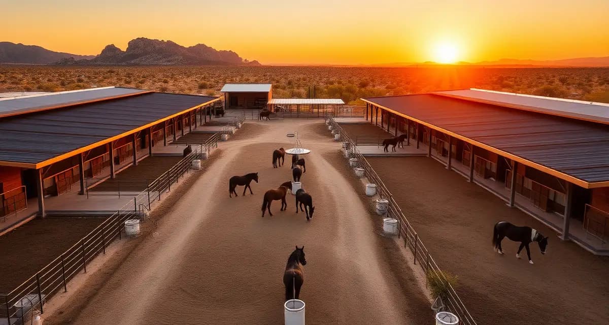 Professional Arizona equine facility with multiple horse barns, paddocks, and shade structures designed for hot climate management and horse care