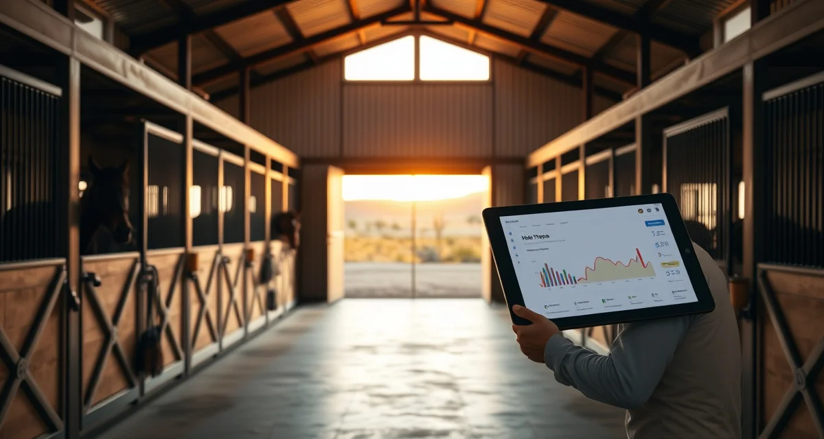 Horse barn management software interface displayed on tablet in modern Arizona equine facility with organized stalls and professional barn operations