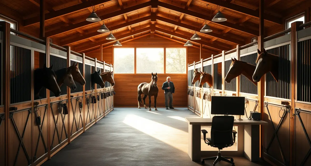 Modern horse barn management software interface displayed in organized equine facility office with horses and stalls visible