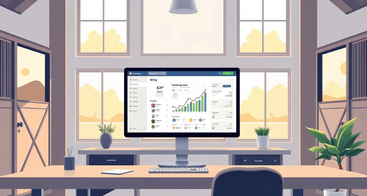 Automated barn billing dashboard software interface displaying recurring charges, invoices, and payment tracking for equestrian facilities.