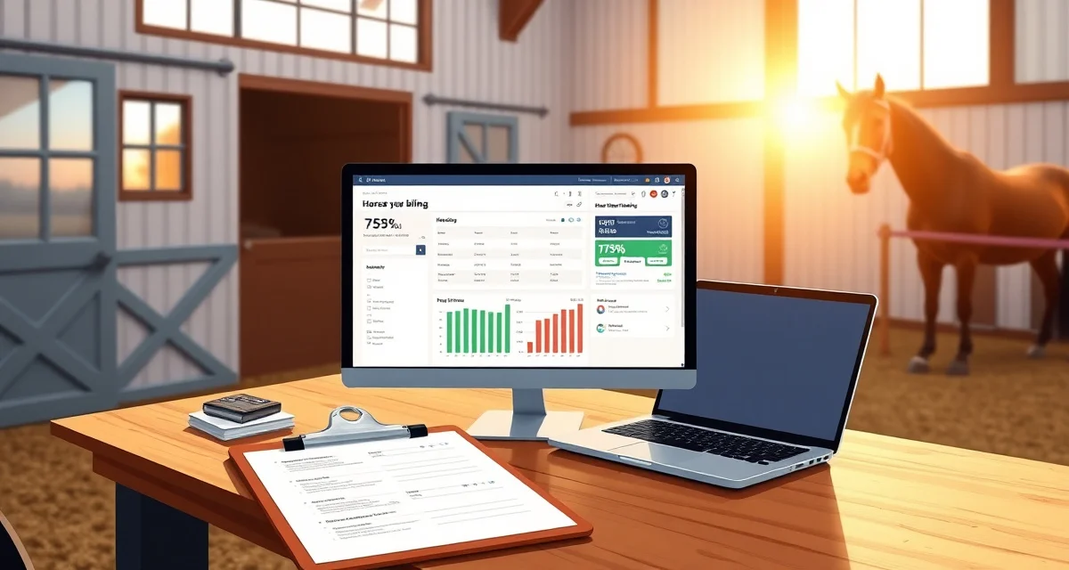Automated billing software dashboard for horse boarding operations showing invoices, payment tracking, and multi-horse owner management features.