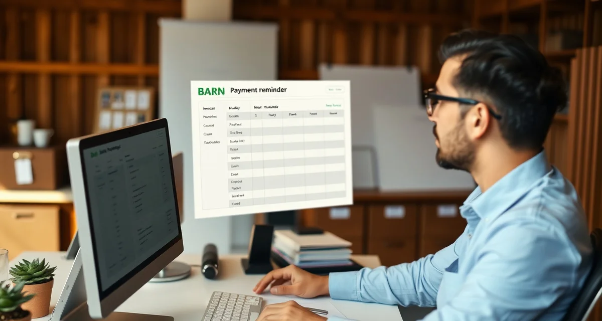 Barn manager configuring automated billing payment reminders in management software system on computer