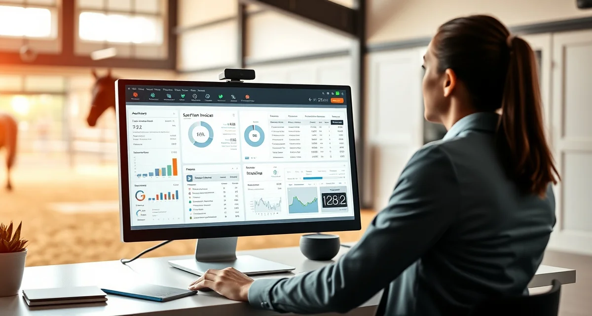 Automated board billing system displaying monthly horse boarding invoices and recurring fee calculations for equestrian facilities