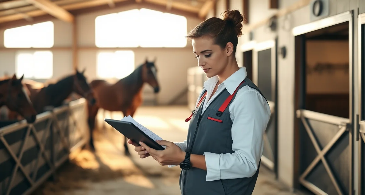 Barn manager using automated daily report software to communicate with horse owners about facility operations and animal care