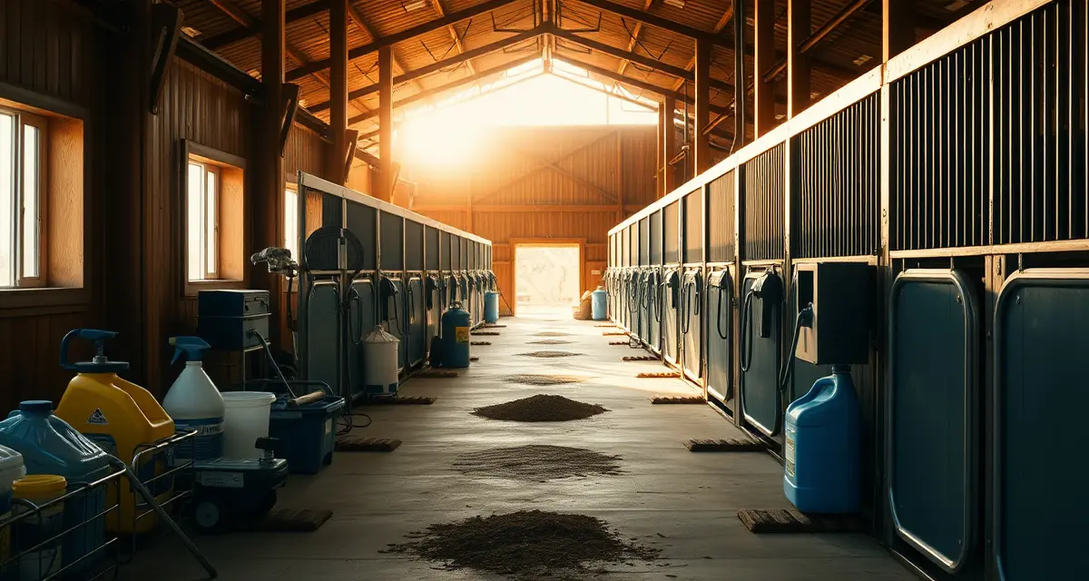 Organized barn aisle with cleaning supplies and equipment stations ready for daily stable management cleaning schedule