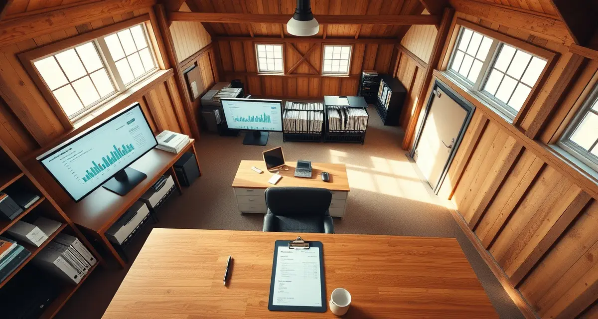Organized horse barn office with billing software dashboard displayed on computer monitors for managing large facility invoices