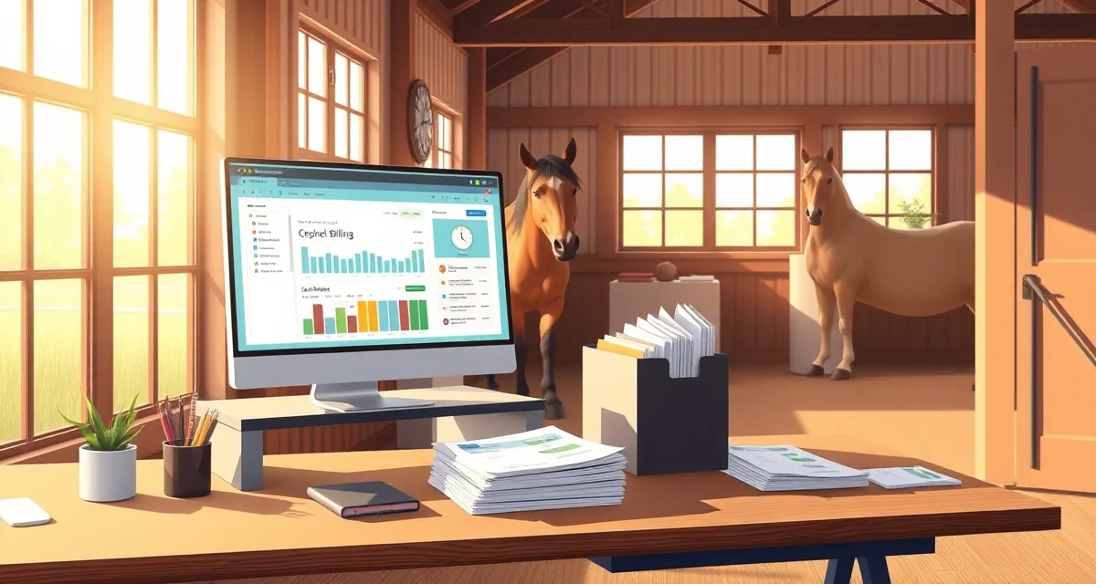 Horse barn billing software dashboard displaying multi-horse account invoices and automated charge management for small boarding facilities