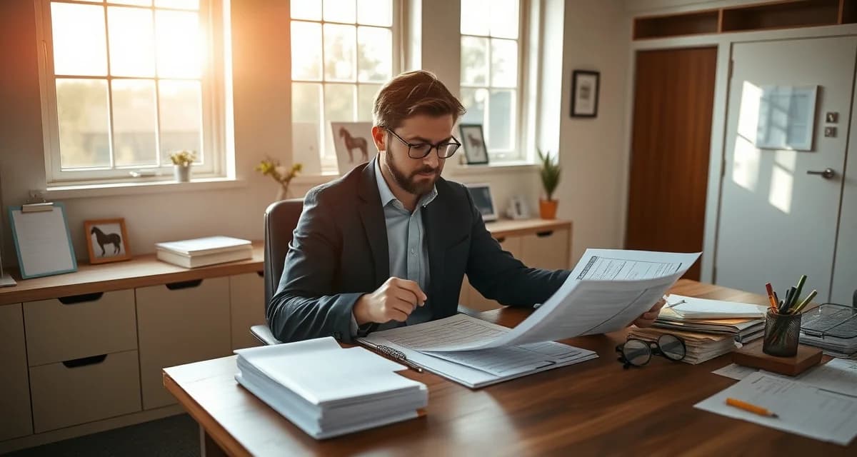 Barn manager organizing year-end billing statements and financial records for horse boarding clients at desk