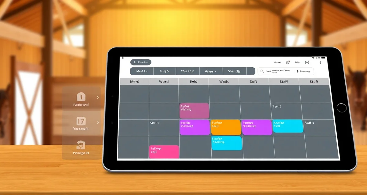 Digital barn calendar scheduling interface showing coordinated farrier, vet, and staff appointments for equestrian facility management