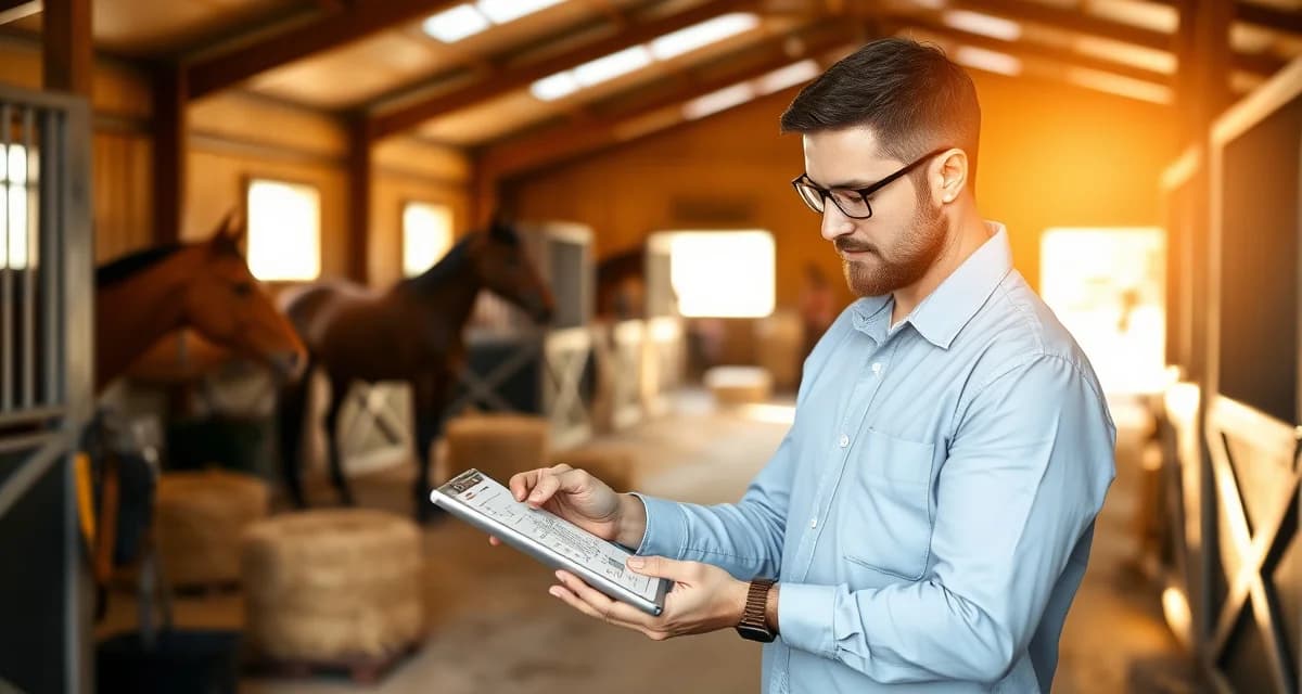 Horse barn manager using digital checklist system on tablet to organize daily stable tasks and horse care routines efficiently
