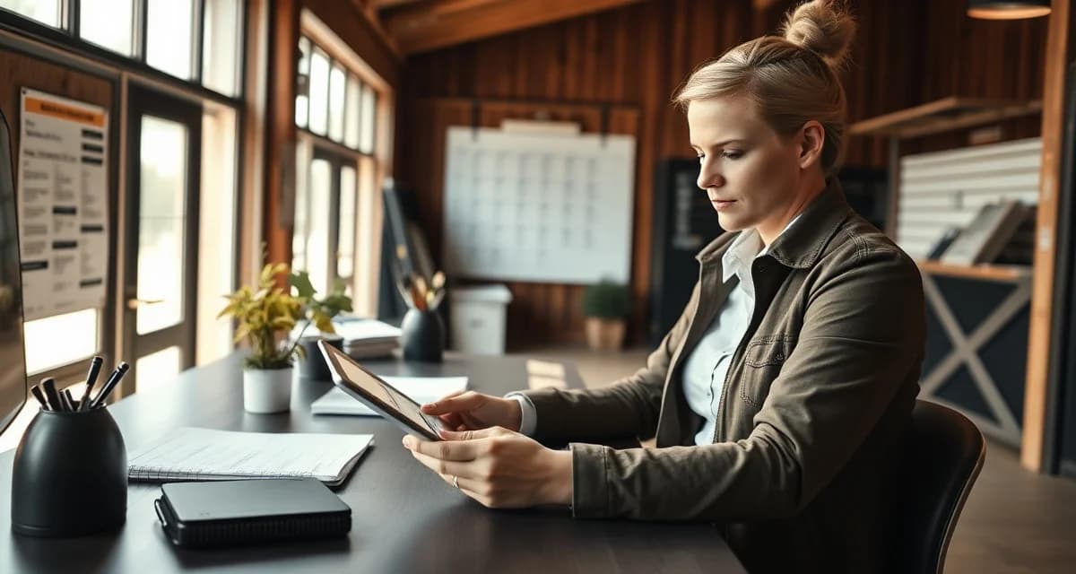 Barn manager organizing daily operations tasks with digital tools and scheduling system for horse stable management