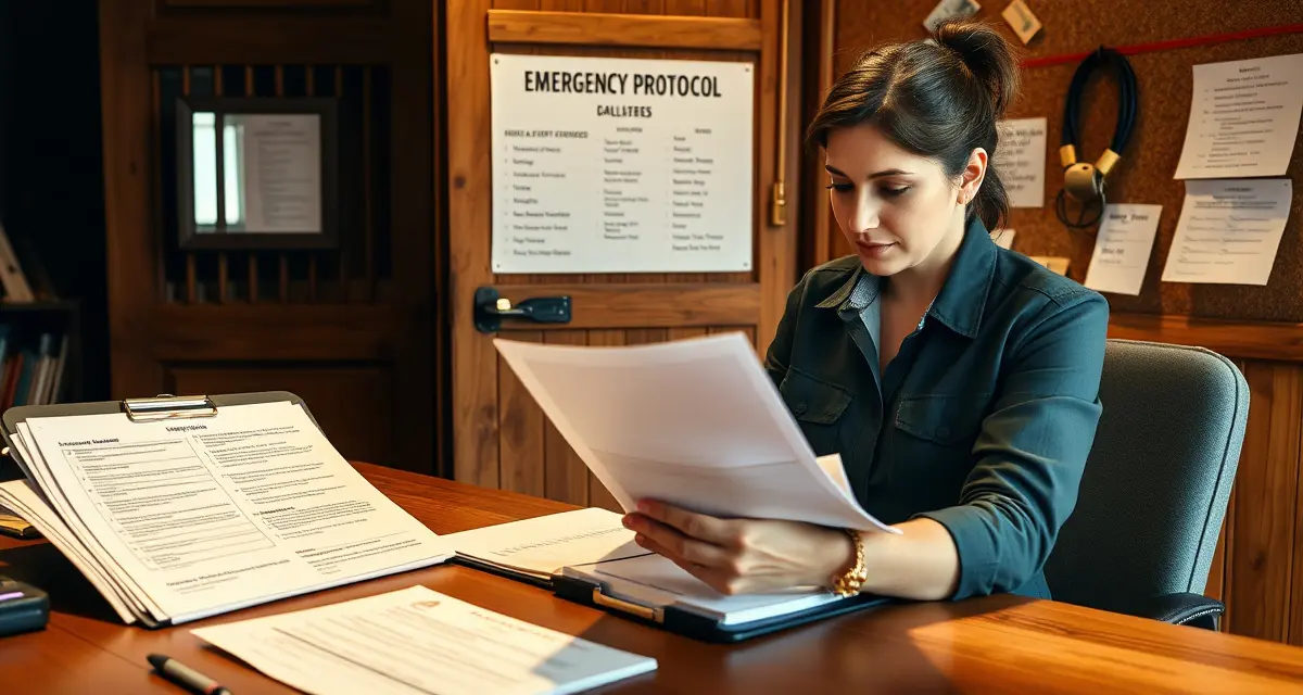 Barn manager organizing emergency protocols and veterinary contact documents for horse stable safety preparedness