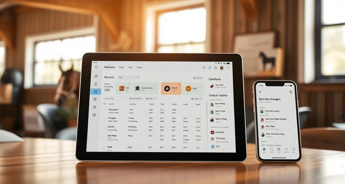 Barn management app displayed on mobile devices showing horse records, scheduling, and staff task management features for equestrian facilities.