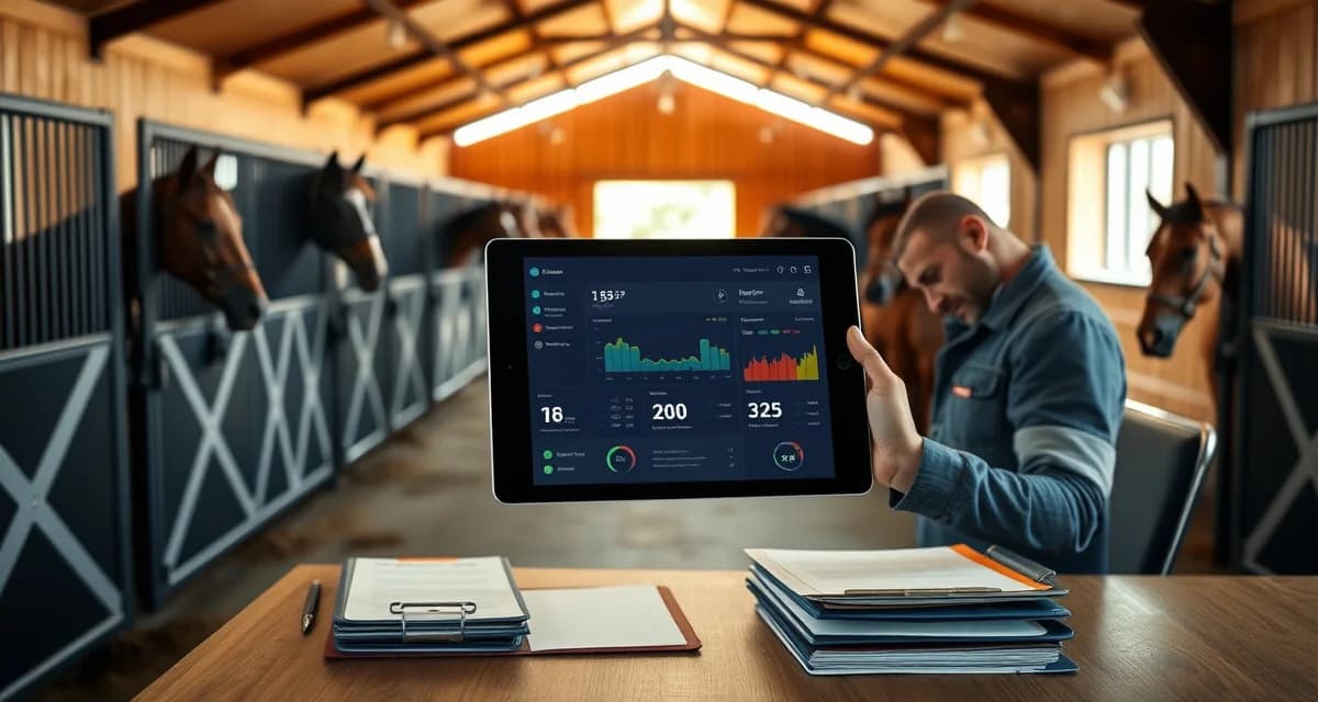Horse barn manager using digital barn management automation software on tablet to streamline daily operations and task management