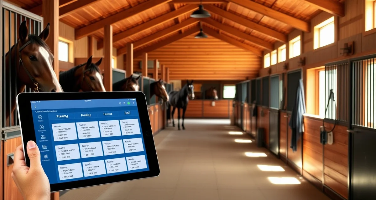 Modern barn management software interface displaying feeding schedules, staff protocols, and billing workflows for horse facility operations.
