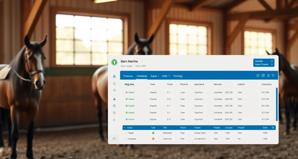 Equestrian barn management software displaying organized data migration process with records transfer interface and dashboard controls