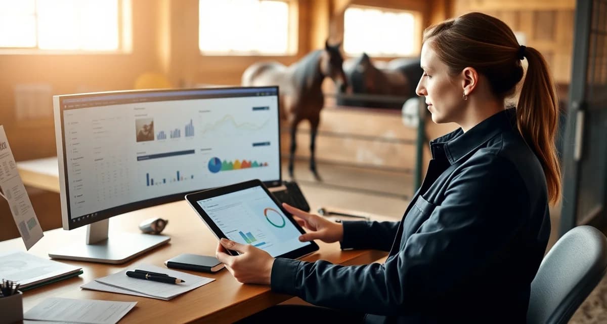 Barn manager using digital platform software to manage horse stable operations and scheduling on tablet