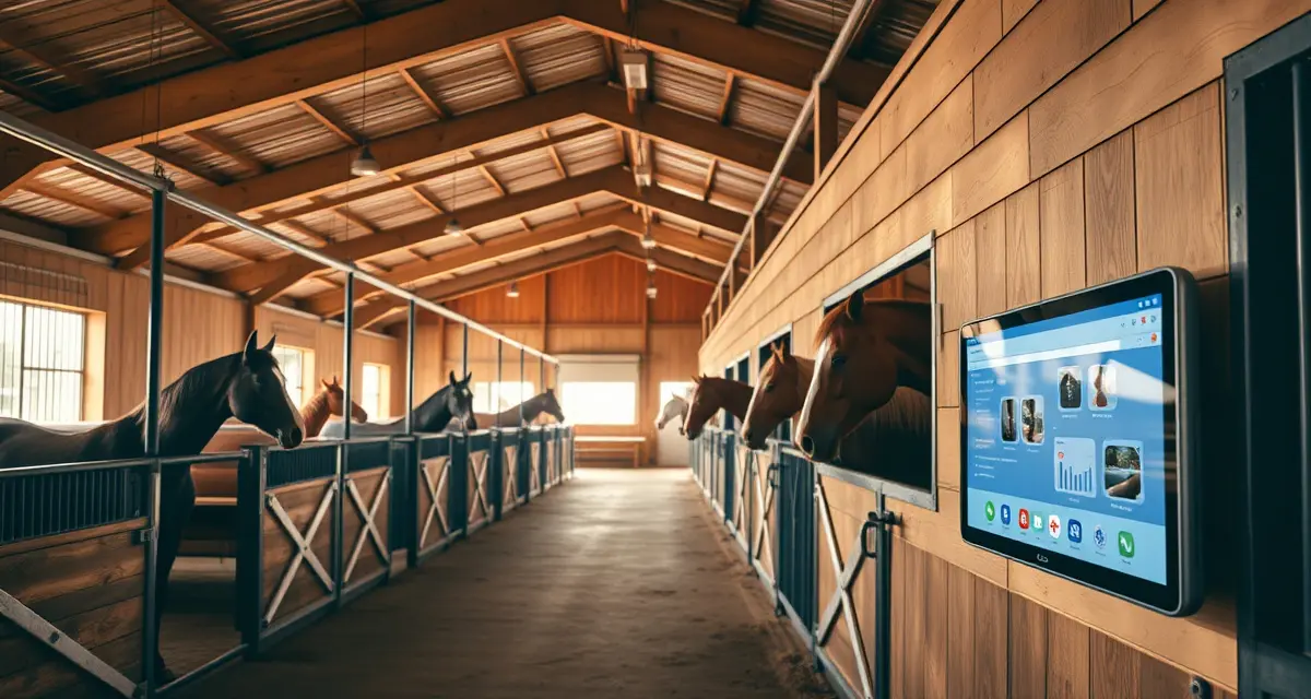 Modern horse barn management software interface displayed in a professional Texas equine facility with organized stalls and digital management system