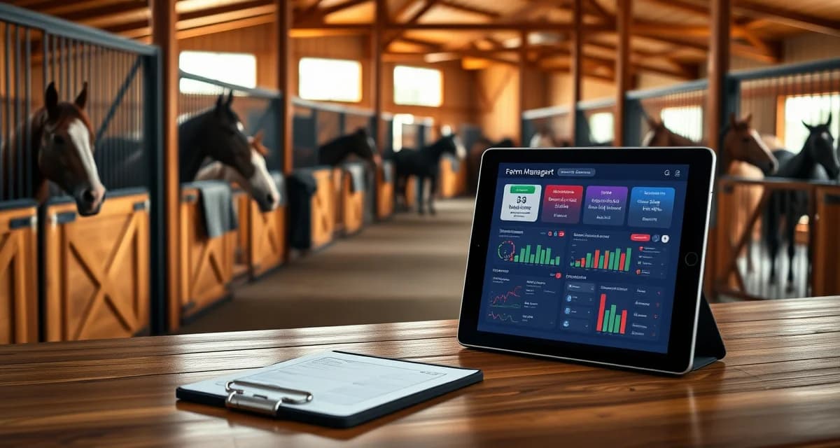 Modern barn management software dashboard displayed on tablet in organized horse stable facility in Atlanta Georgia area