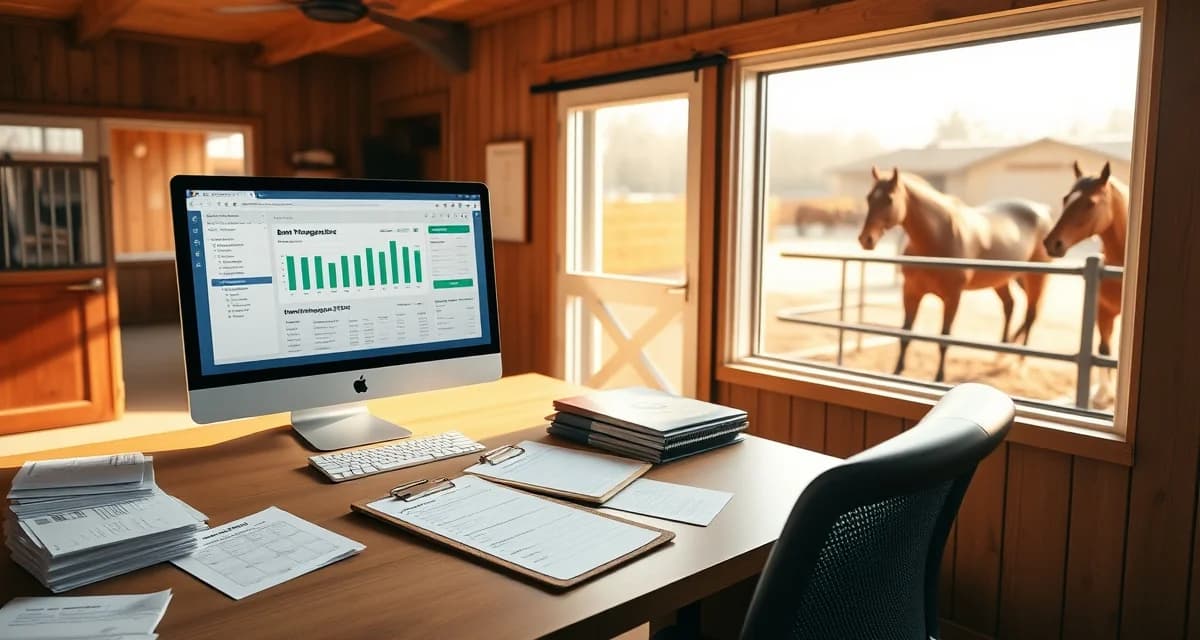 Barn office desk showing manual paperwork and computer displaying stable management software dashboard with automation gaps