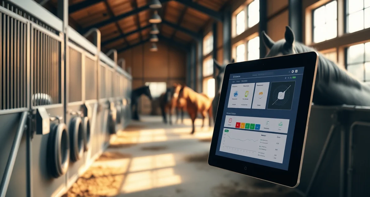 Modern barn management software interface displayed on tablet in horse facility with organized stalls and equipment storage
