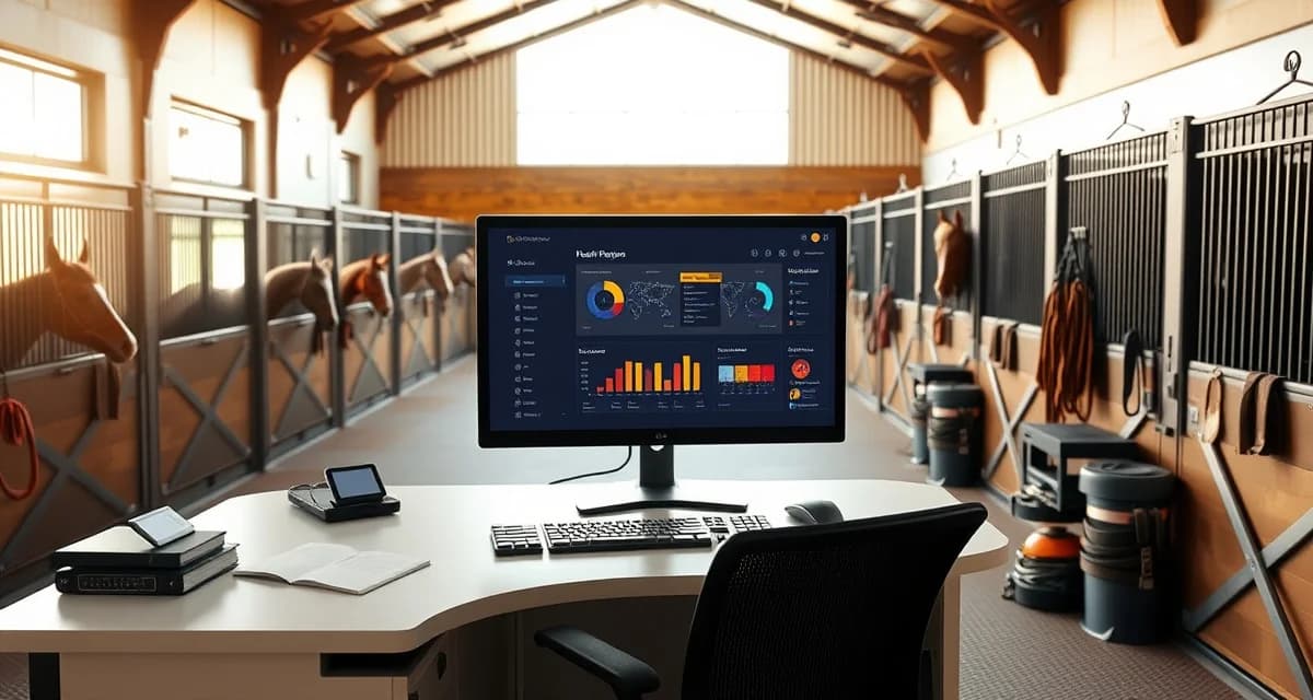 Modern barn management software interface displayed on computer in organized horse facility near Boston, Massachusetts with efficient stall systems