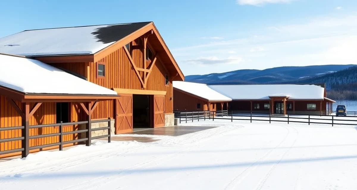 Professional horse barn management software interface displayed on tablet in modern Vermont equestrian facility with winter landscape