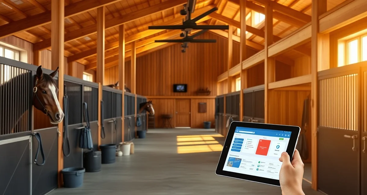 Modern horse barn management software interface displayed on tablet in a professional Charlotte equestrian facility with organized stalls and storage.