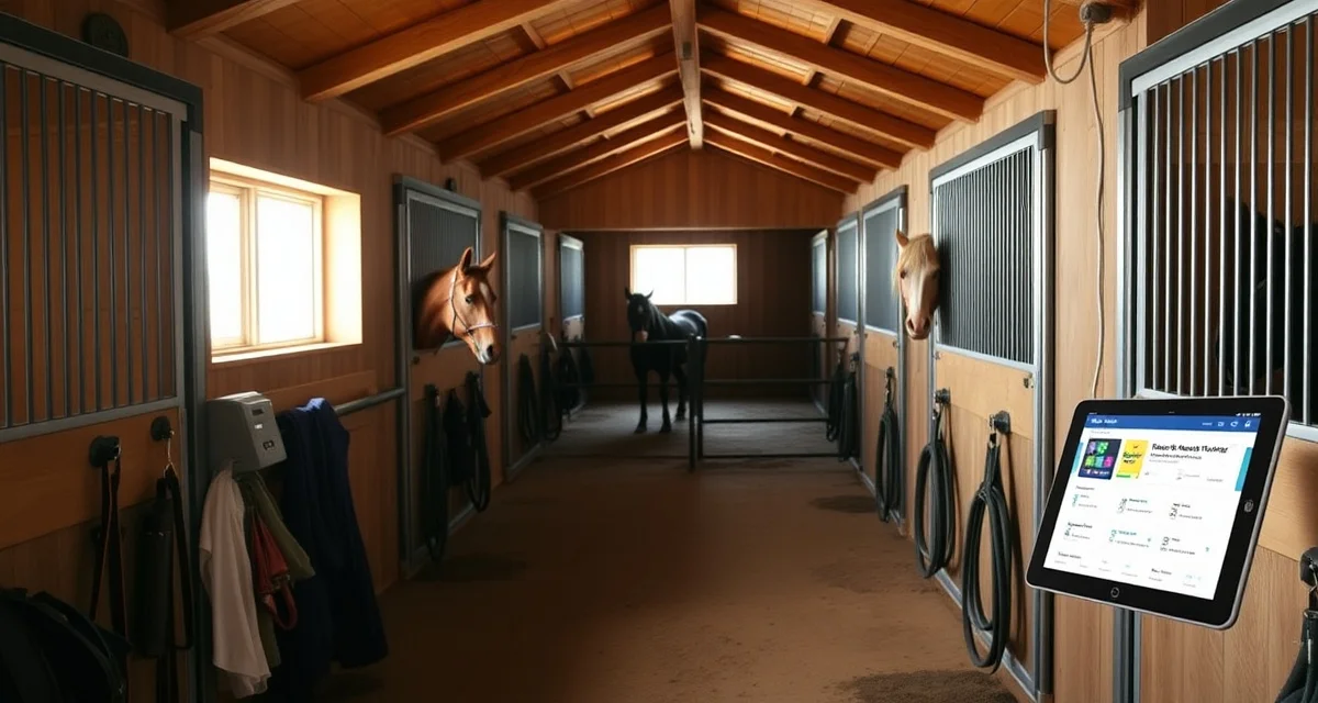 Modern barn management software interface displayed on tablet in organized horse stable facility near Cheyenne, Wyoming