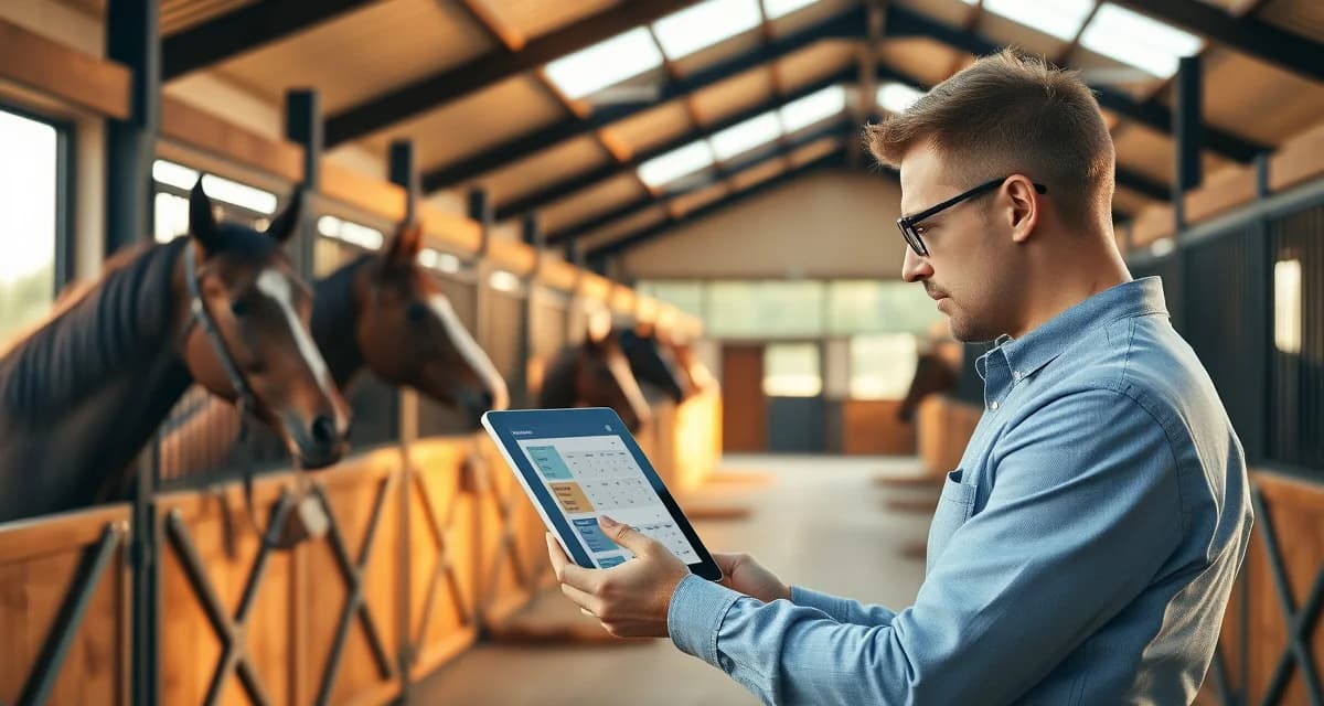 Digital barn management software interface for Columbus Ohio horse facilities, displaying scheduling and horse care records on tablet in modern stable.