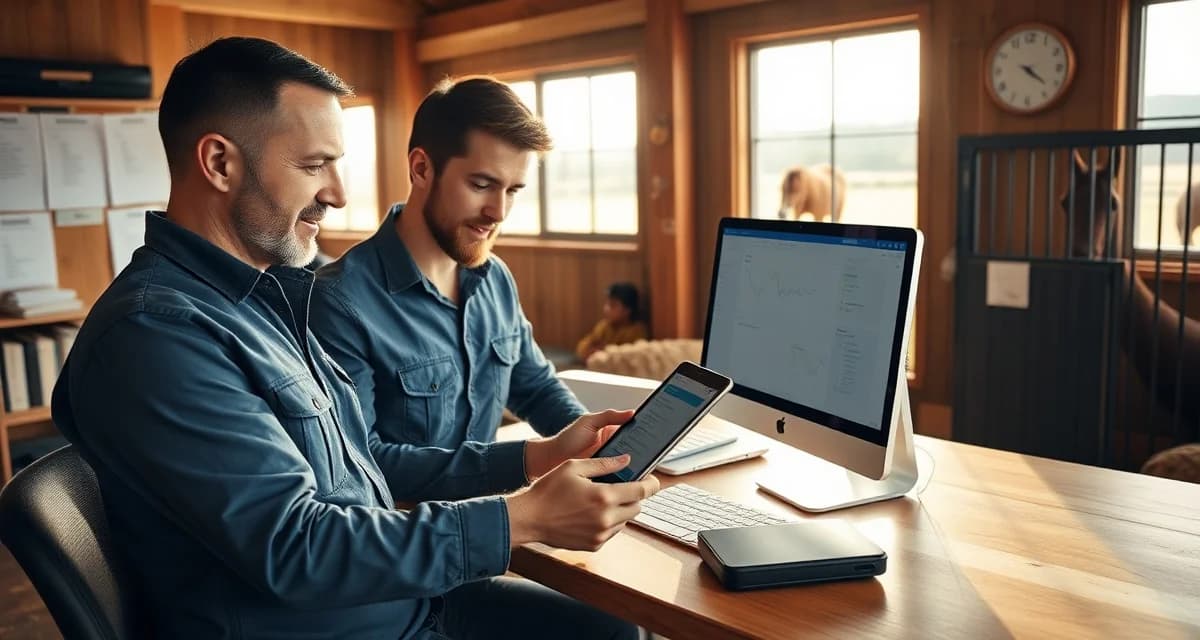 Barn manager using customer support tools in barn management software on tablet at stable office desk