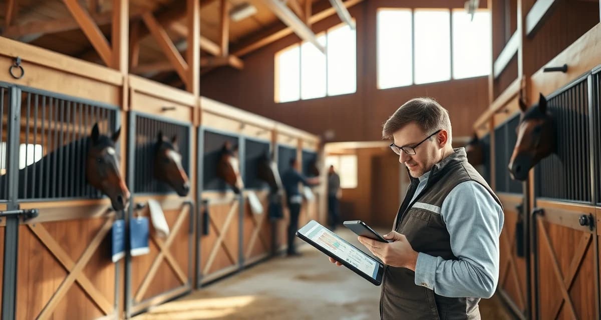 Barn management software interface displayed on tablet in modern Dallas horse facility stable office