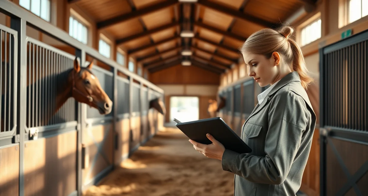 Modern horse barn interior with digital barn management software displayed on tablet for equine facility operations