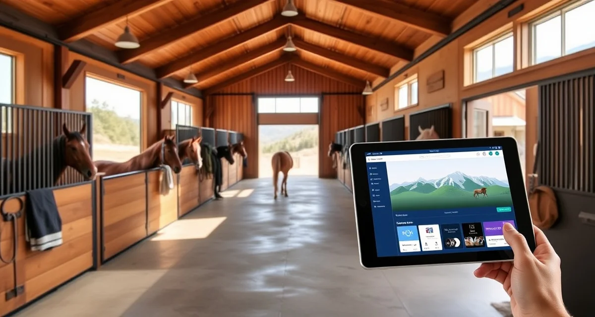 Modern horse barn management software interface for Durango Colorado equestrian facilities with mountain backdrop