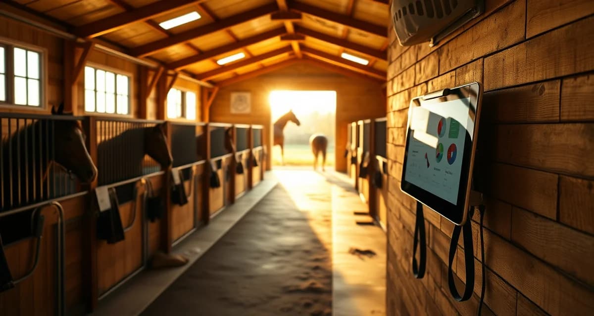 Modern horse barn interior showing organized stalls and digital barn management software system for efficient equestrian facility operations